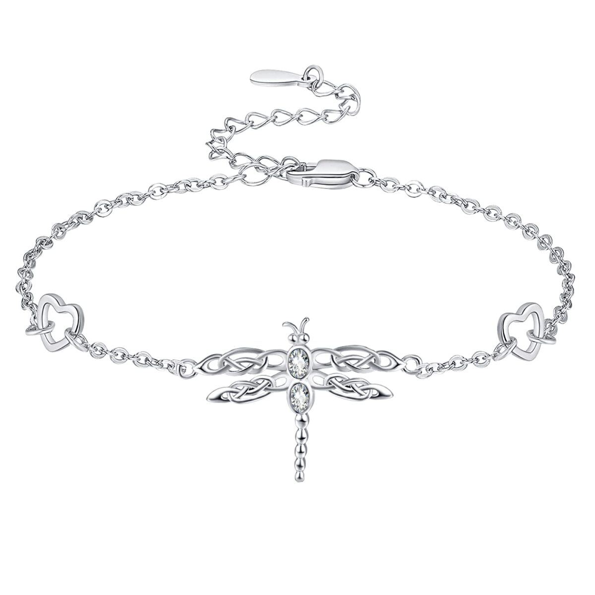 Pulsera de plata de ley con circonita redonda libélula y colgante corazón-1