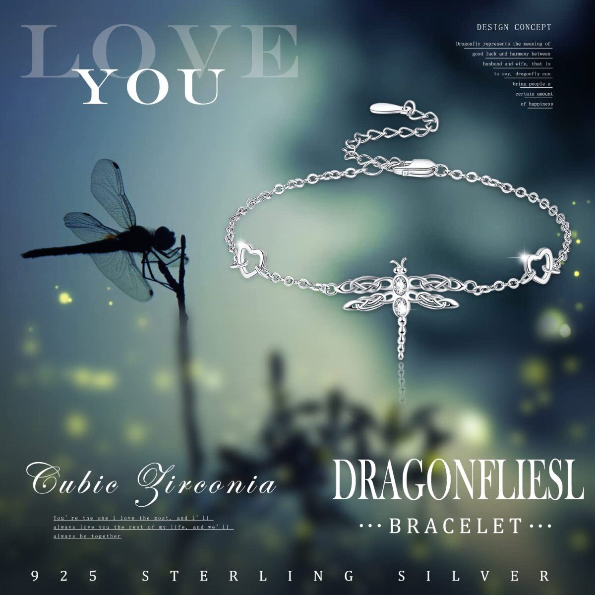 Sterling Silver Round Zircon Dragonfly & Heart Pendant Bracelet-6