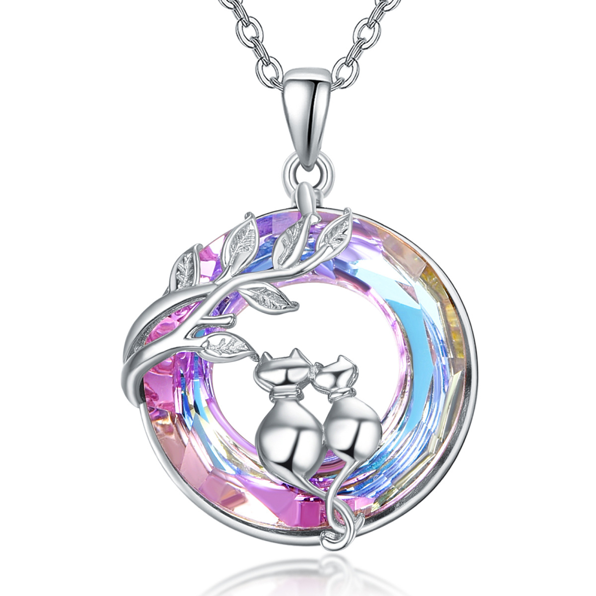 Sterling Silver Circular Shaped Cat Crystal Pendant Necklace-1