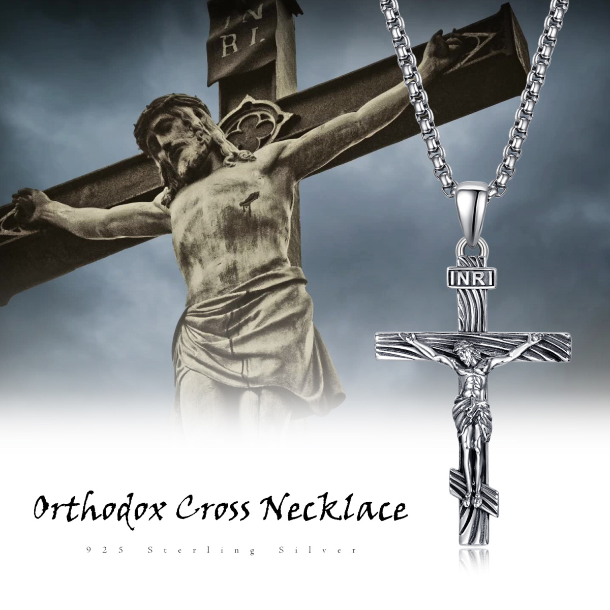 Sterling Silver INRI Jesus Cross Pendant Necklace for Men-5
