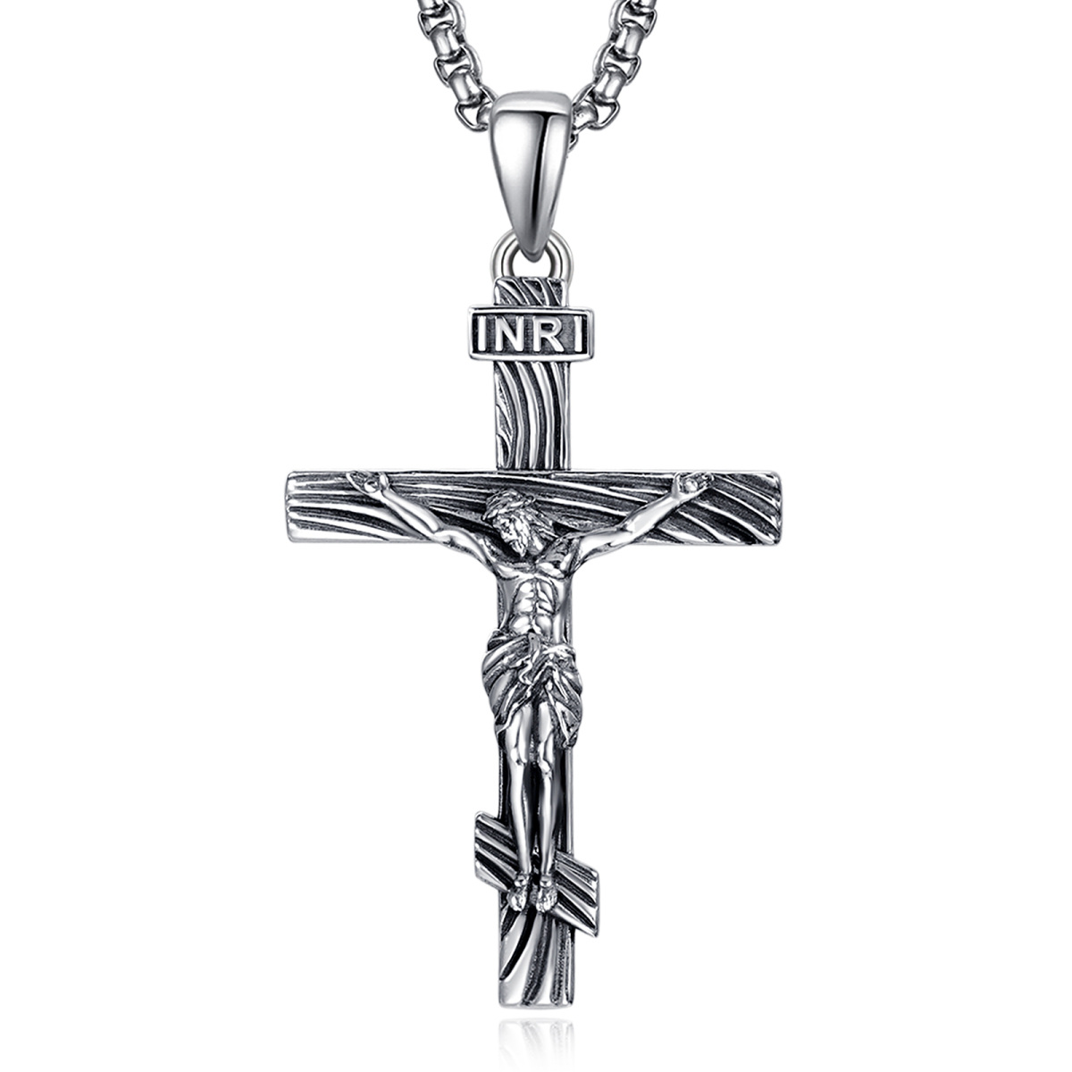 Sterling Silver INRI Jesus Cross Pendant Necklace for Men-1