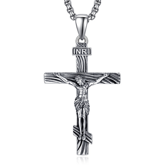 Colar com pingente de cruz de Jesus INRI em prata esterlina para homem