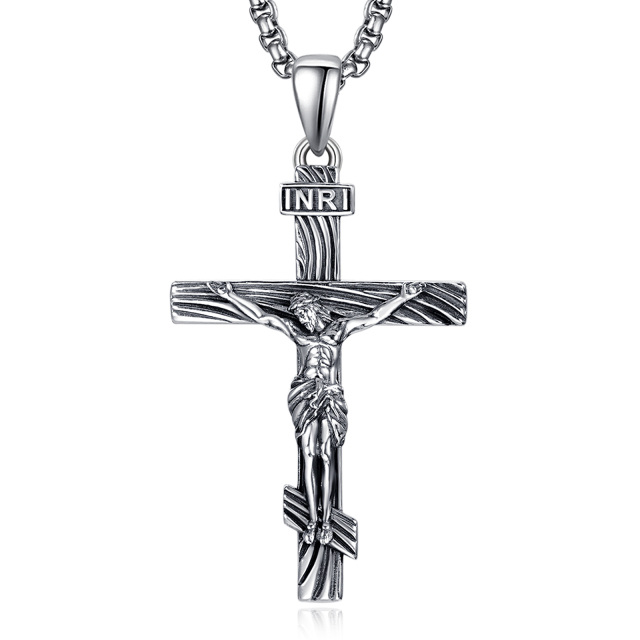 Sterling Silver INRI Jesus Cross Pendant Necklace for Men-0