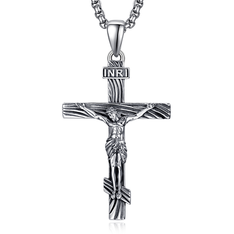 Sterling Silver INRI Jesus Cross Pendant Necklace for Men