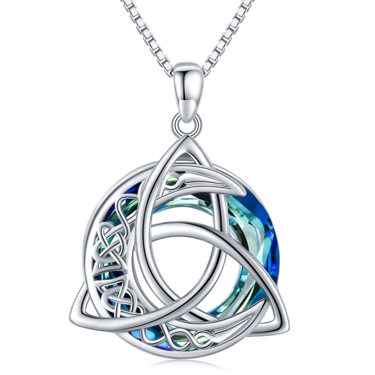 Sterling Silver Circular Shaped Celtic Knot & Moon Crystal Pendant Necklace-1