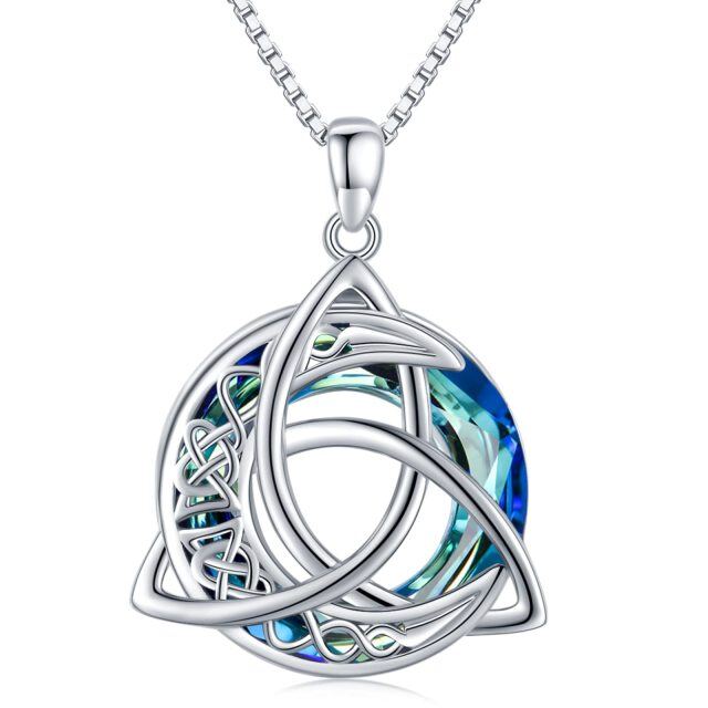 Sterling Silver Circular Shaped Celtic Knot & Moon Crystal Pendant Necklace-0