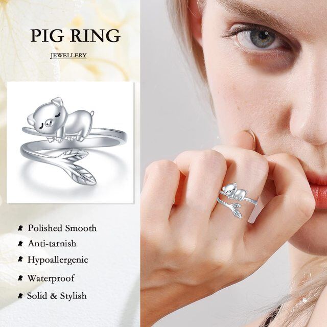 Sterling Silver Pig & Leaves Open Ring-3