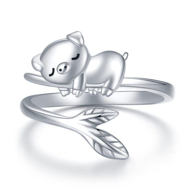 Sterling Silver Pig & Leaves Open Ring-0