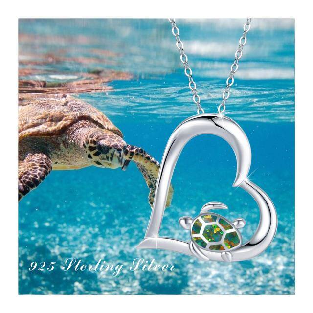 Sterling Silver Heart Shaped Opal Tortoise Pendant Necklace-3