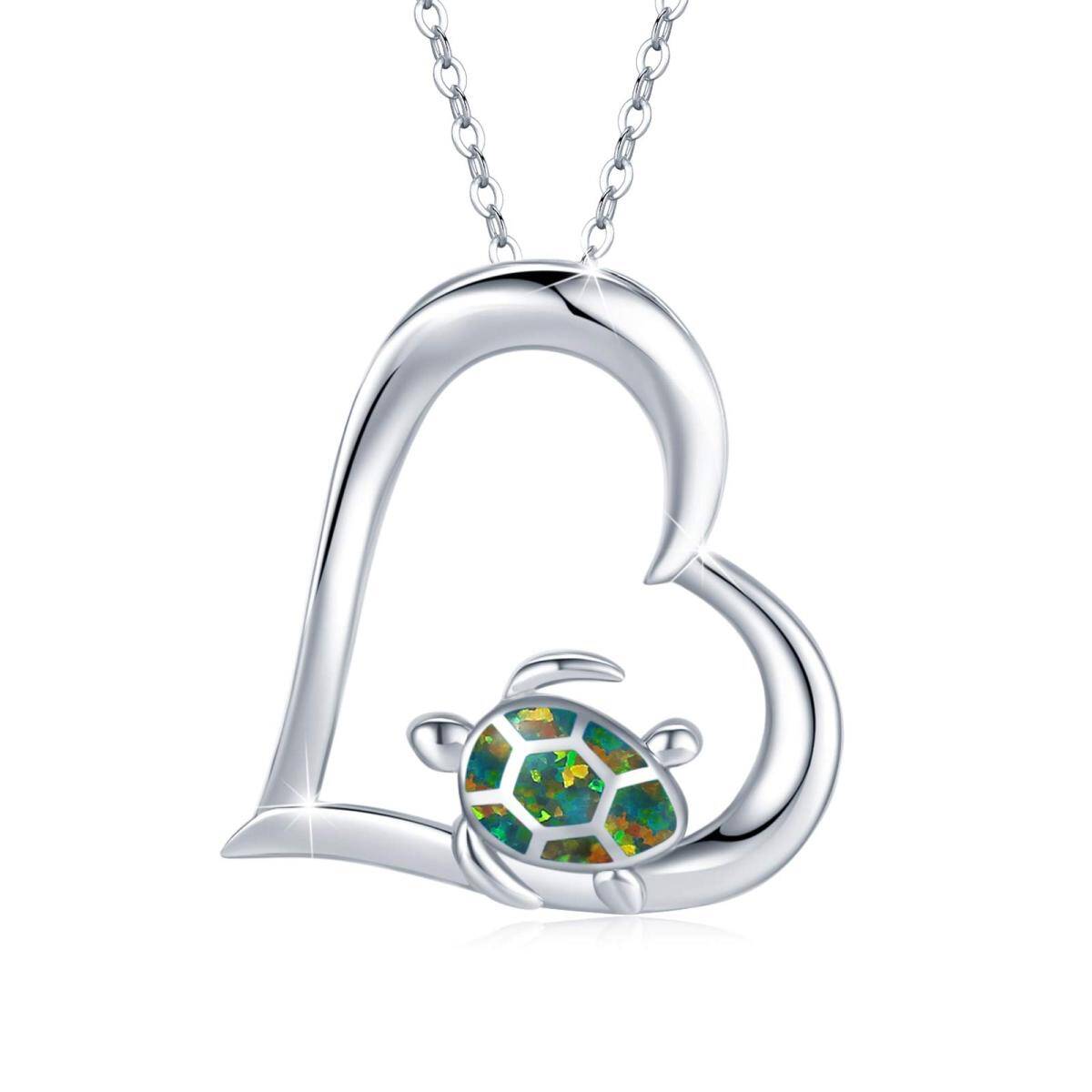 Collier en argent sterling avec pendentif en forme de coeur en opale et tortue-1