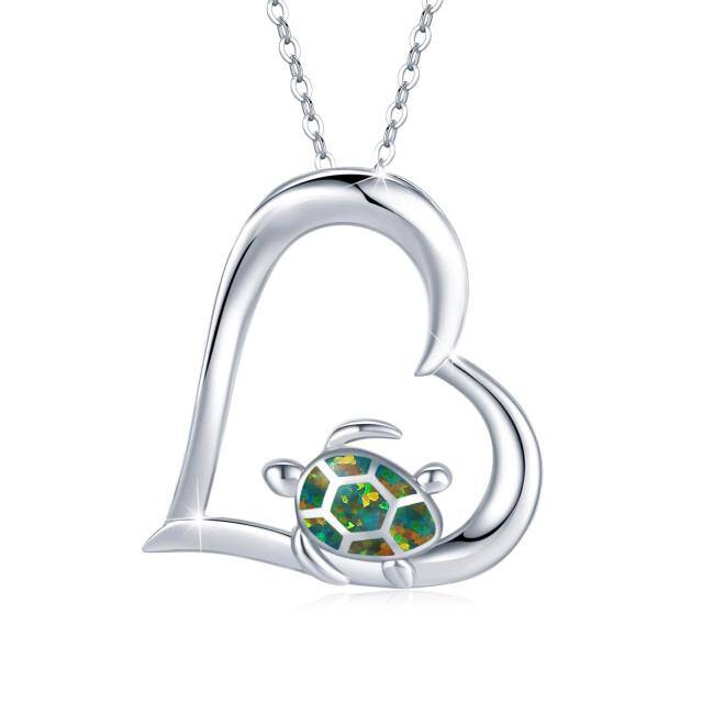 Collier en argent sterling avec pendentif en forme de coeur en opale et tortue-0