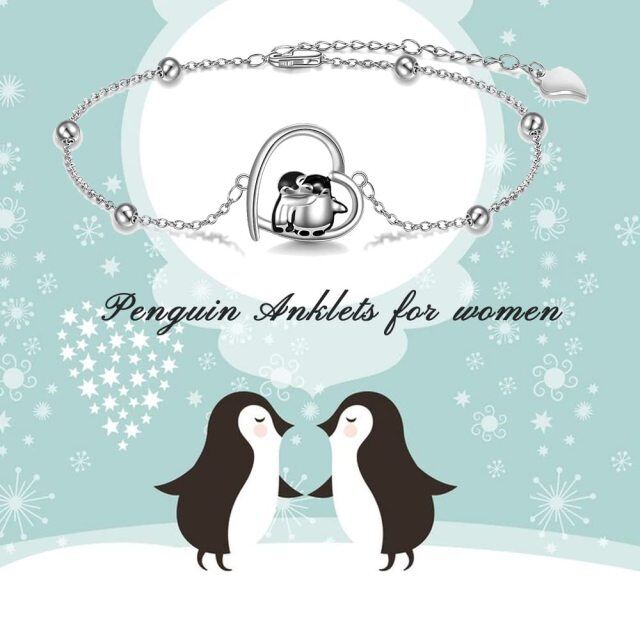 Bracelets de cheville pingouin cadeaux pingouin en argent sterling 925 étreignant pingouins mignon animal bijoux de Noël pour les femmes-4