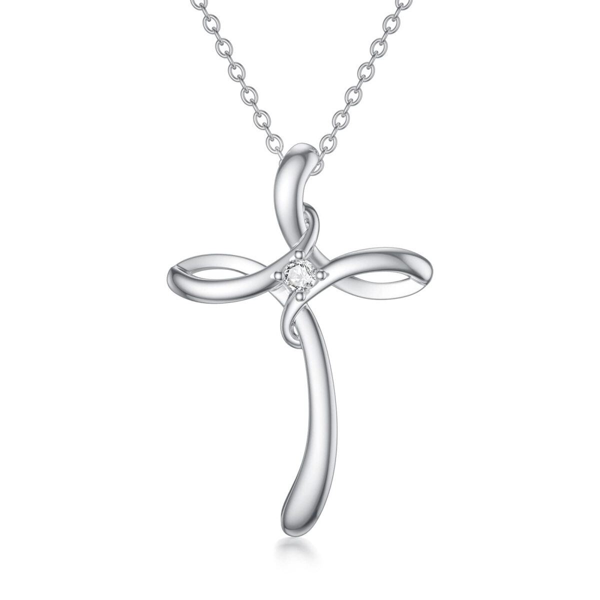 Sterling Silver Round Lab Created Diamond Cross Pendant Necklace-1