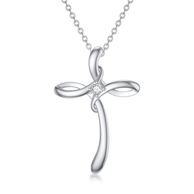 Sterling Silver Round Lab Created Diamond Cross Pendant Necklace-0