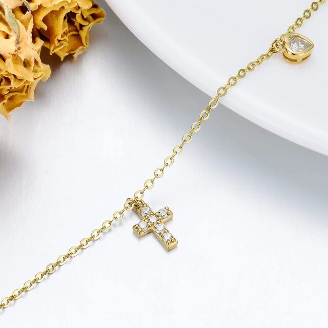 Fußkettchen mit Kreuz und Herz aus 14 Karat Gold und Kristallen, einlagig-1