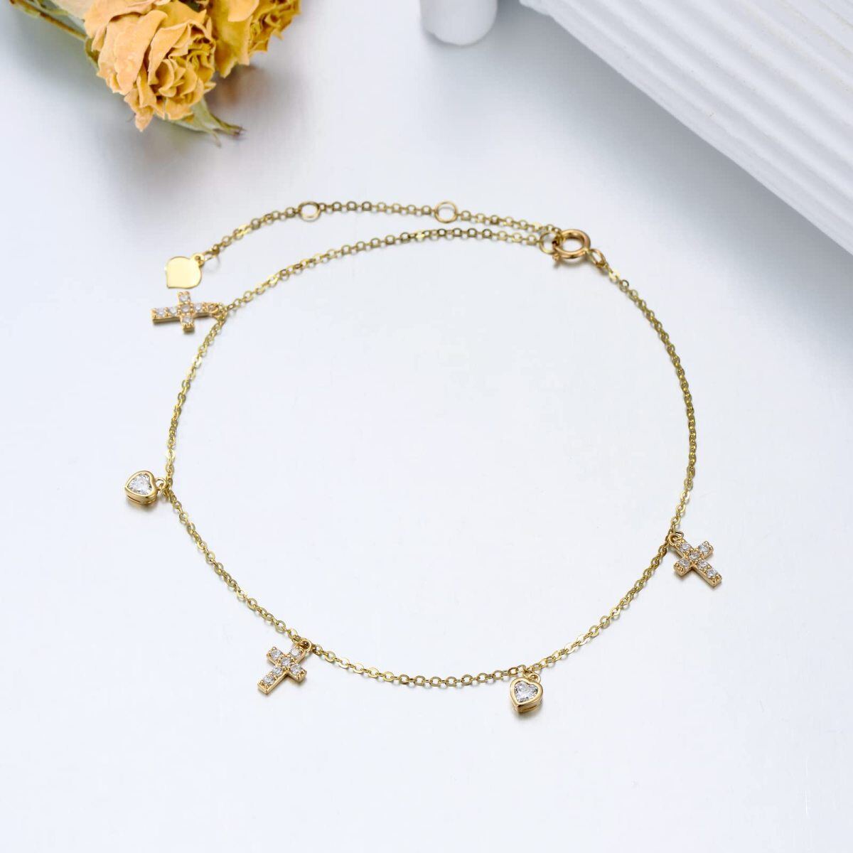 14K Gold Crystal Cross & Heart Single Layer Anklet-3