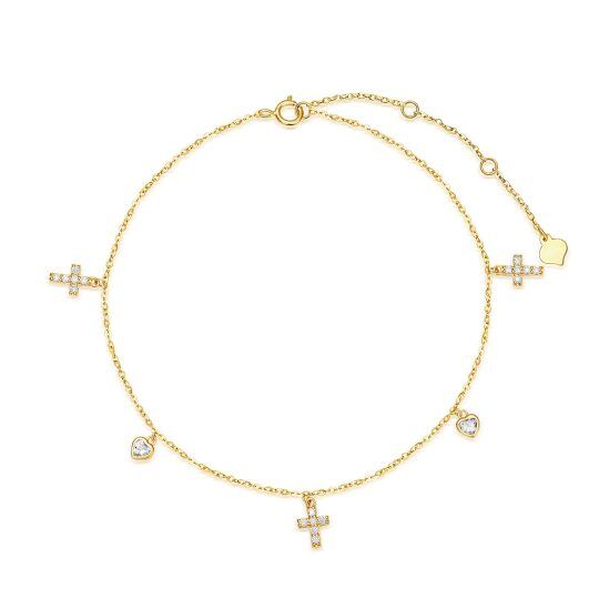 Bracelet de cheville monocouche en forme de cœur et de croix en cristal en or 14 carats