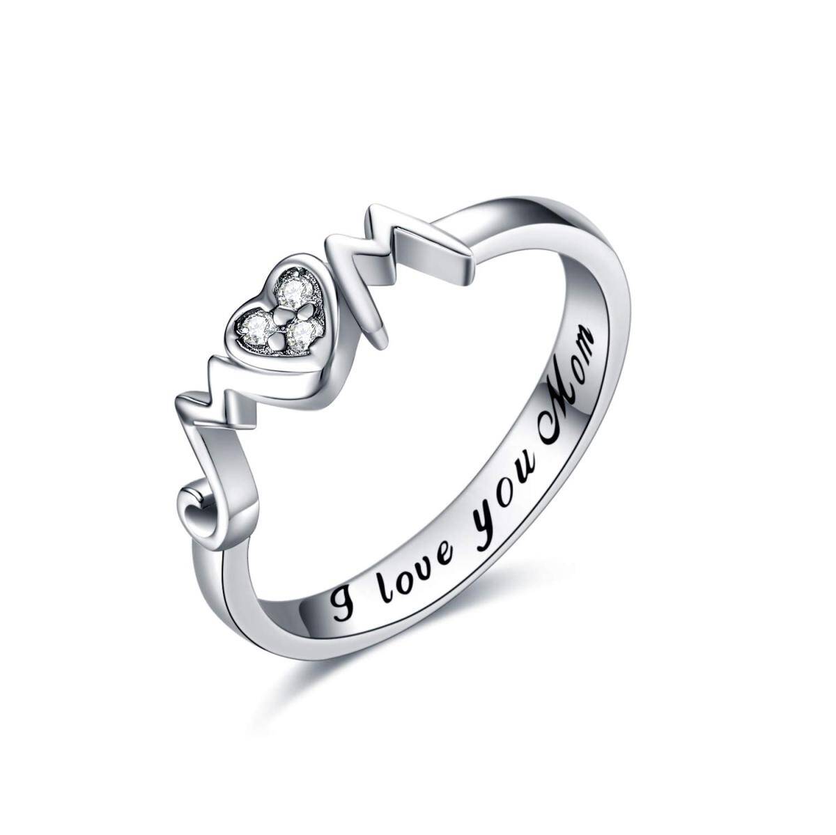 Sterling Silver Heart Shaped Cubic Zirconia Mother & Heart Ring with Engraved Word-1