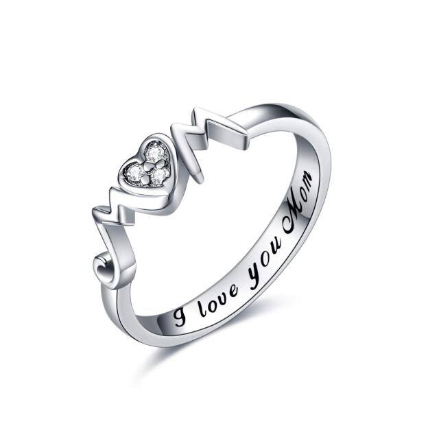 Sterling Silver Heart Shaped Cubic Zirconia Mother & Heart Ring with Engraved Word-0