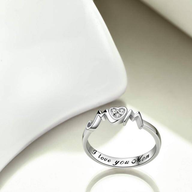 Sterling Silver Heart Shaped Cubic Zirconia Mother & Heart Ring with Engraved Word-2