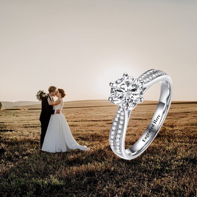 10K White Gold Diamond Personalized Engraving & Couple Engagement Ring-2