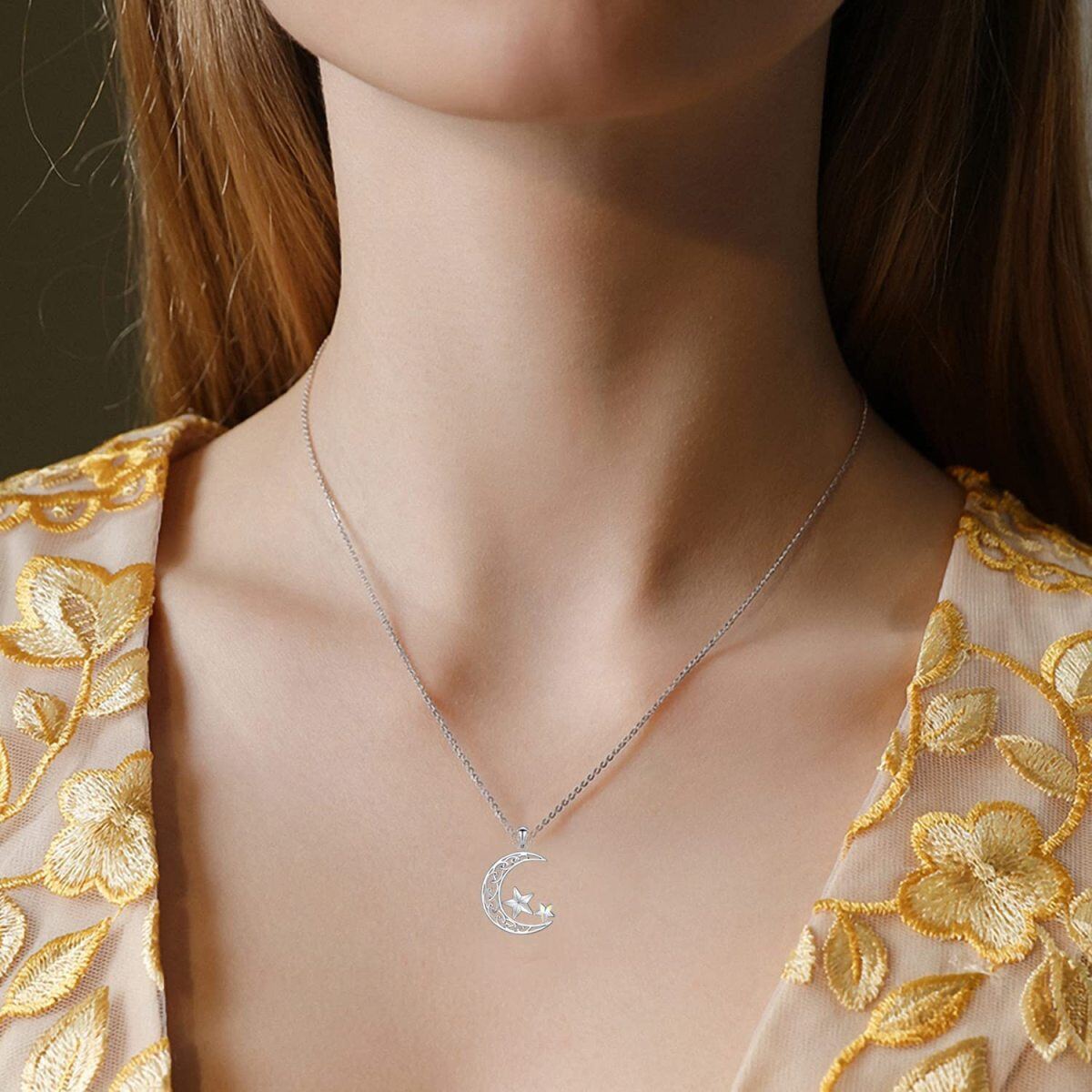 Sterling Silver Crystal Moon Pendant Necklace-3