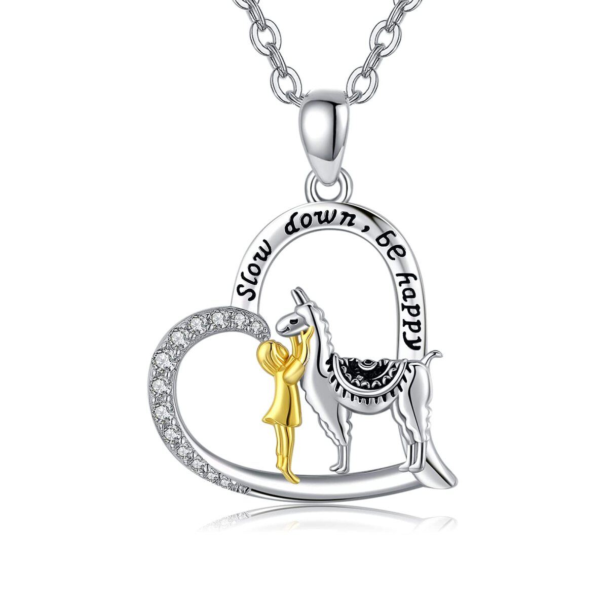 Sterling Silver Two-tone Round Zircon Alpaca & Heart Cable Chain Necklace-1