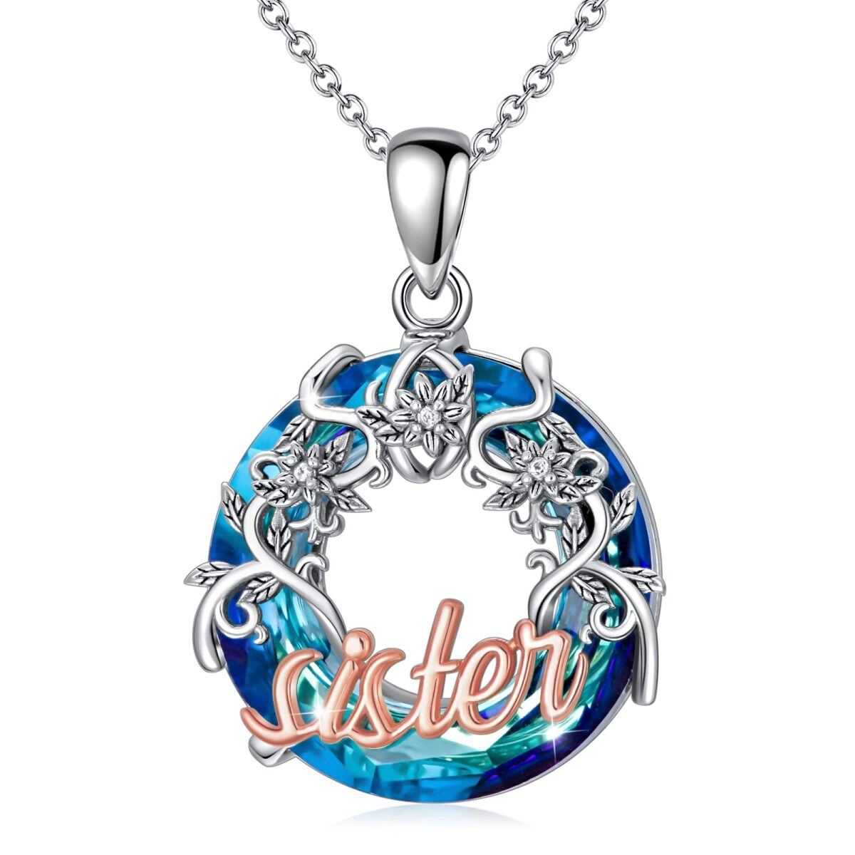 Sterling Silver Two-tone Round Sisters Crystal Pendant Necklace with Engraved Word-1