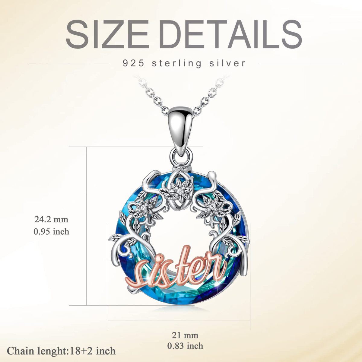 Sterling Silber zweifarbig Runde Schwestern Kristall Anhänger Halskette mit eingraviertem-6