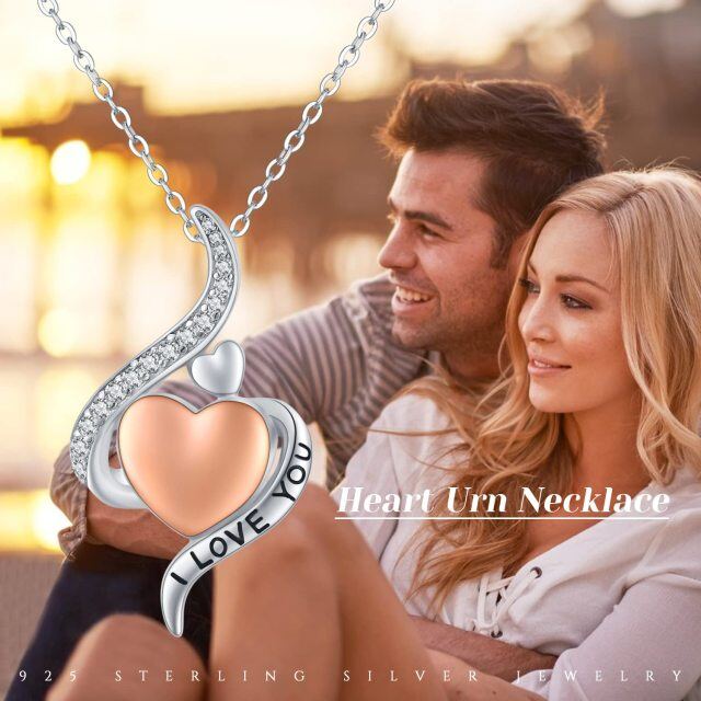 Sterling Silver Two-tone Cubic Zirconia Heart Urn Necklace for Ashes with Engraved Word-5