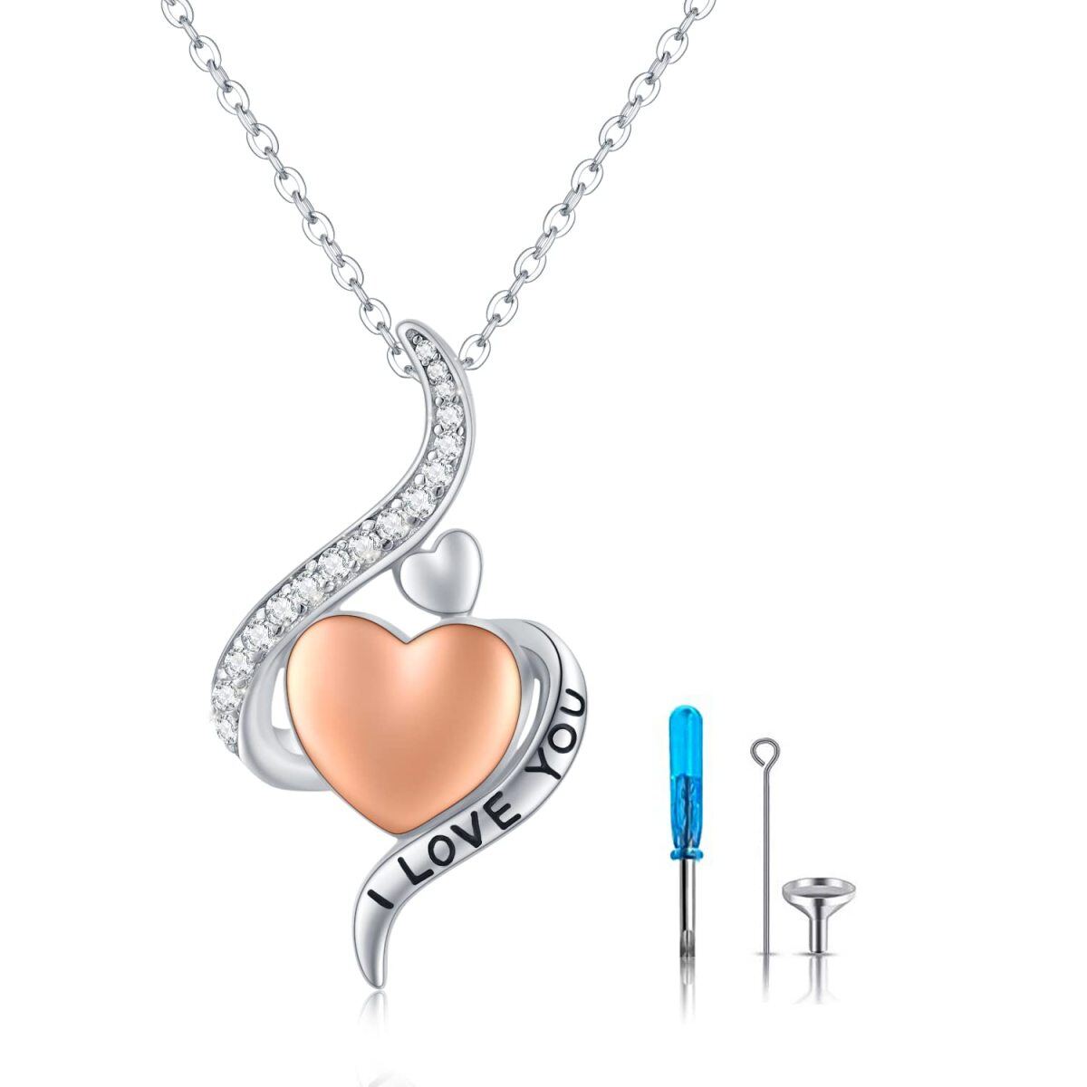 Sterling Silver Two-tone Cubic Zirconia Heart Urn Necklace for Ashes with Engraved Word-1