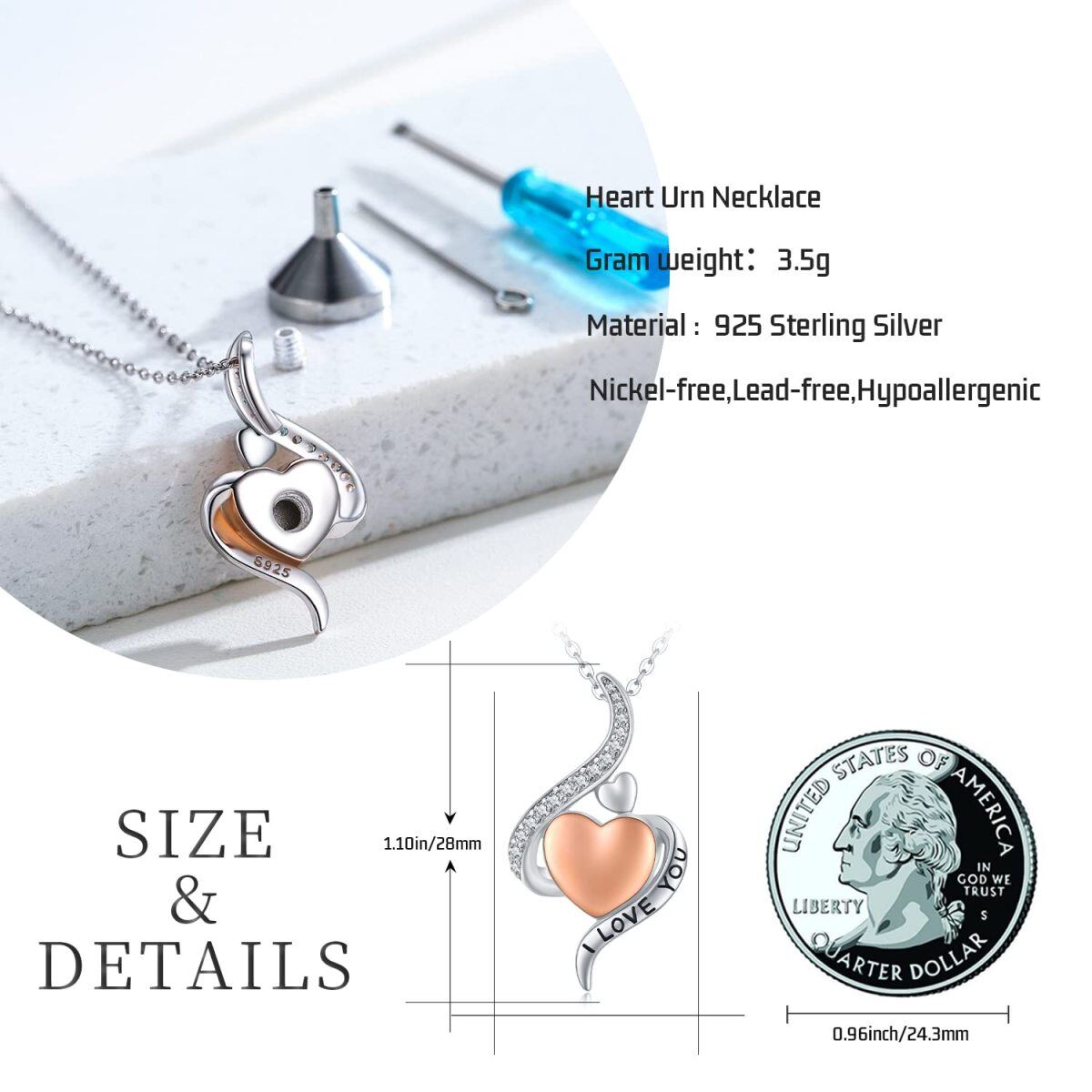 Sterling Silver Two-tone Cubic Zirconia Heart Urn Necklace for Ashes with Engraved Word-7