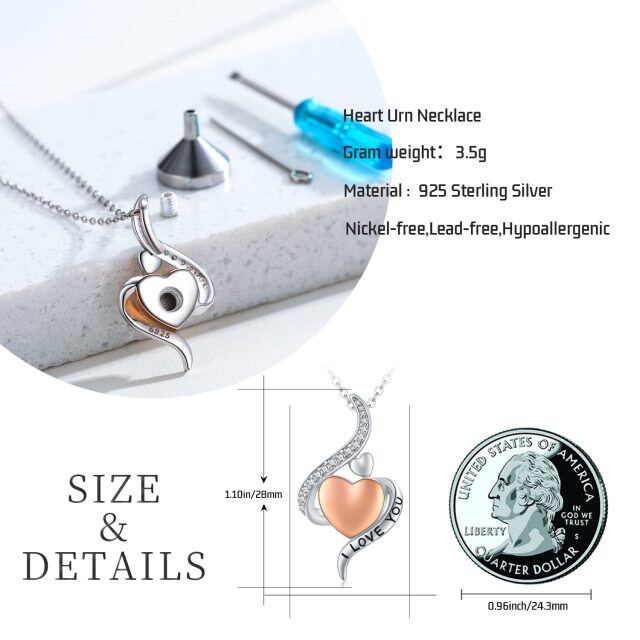 Sterling Silver Two-tone Cubic Zirconia Heart Urn Necklace for Ashes with Engraved Word-6