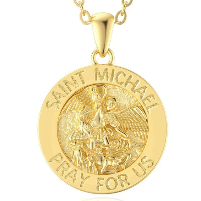 14K Gold Saint Michael Pendant Necklace with Engraved Word-1