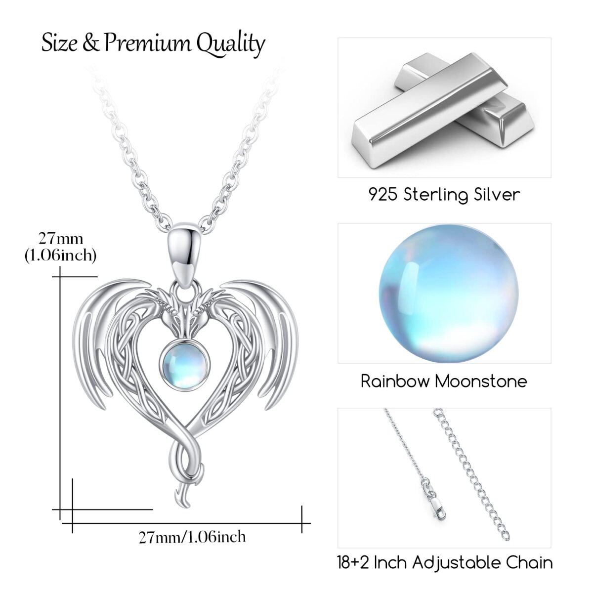 Sterling Silver Circular Shaped Moonstone Dragon & Celtic Knot & Heart Pendant Necklace-5