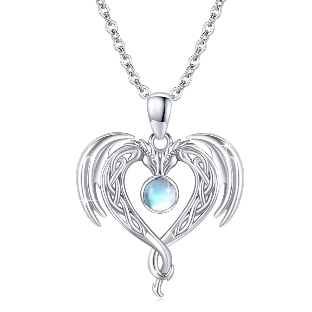 Sterling Silver Circular Shaped Moonstone Dragon & Celtic Knot & Heart Pendant Necklace-1