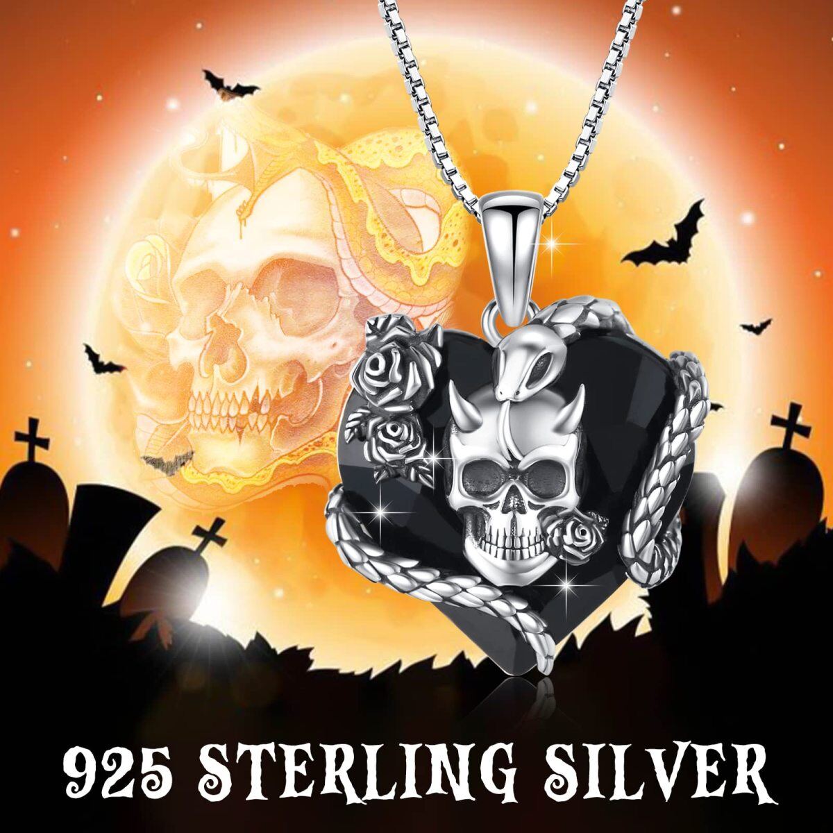 Sterling Silver Heart Skull Crystal Pendant Necklace-6