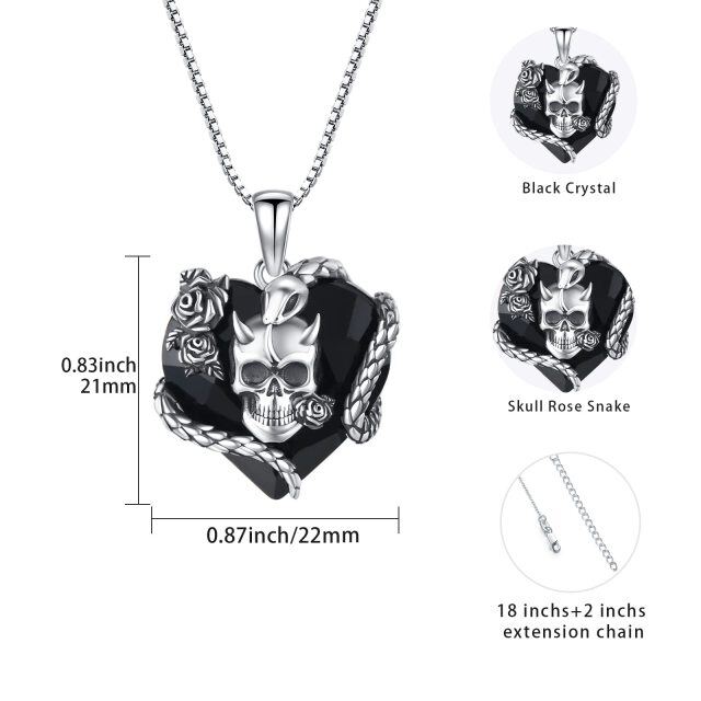 Sterling Silver Heart Skull Crystal Pendant Necklace-4