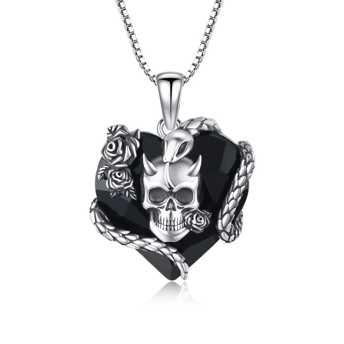 Sterling Silver Heart Skull Crystal Pendant Necklace-1
