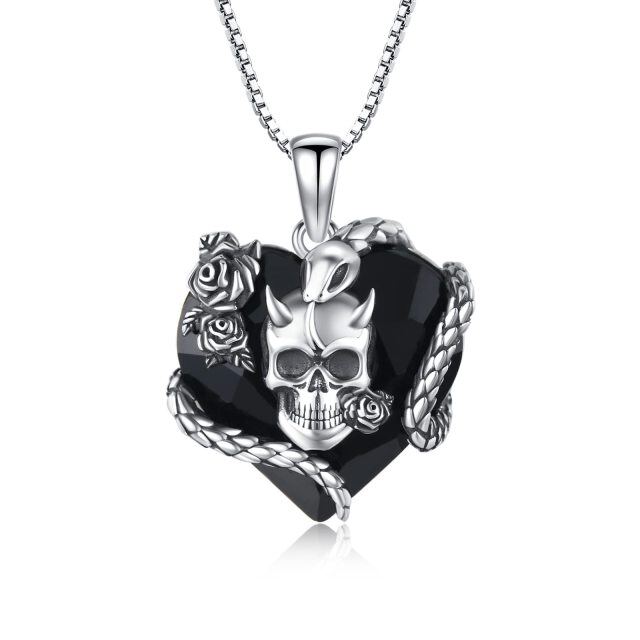 Sterling Silver Heart Skull Crystal Pendant Necklace-0
