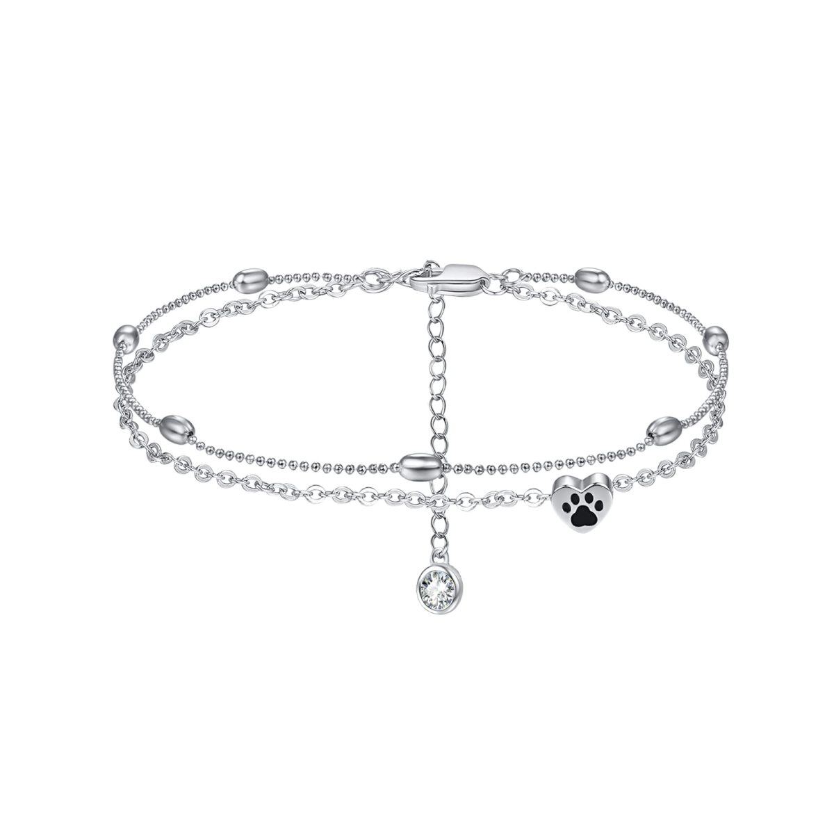 Sterling Silver Circular Shaped Cubic Zirconia Paw & Heart Multi-layered Anklet-1