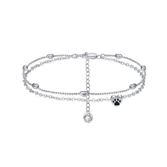 Sterling Silver Circular Shaped Cubic Zirconia Paw & Heart Multi-layered Anklet