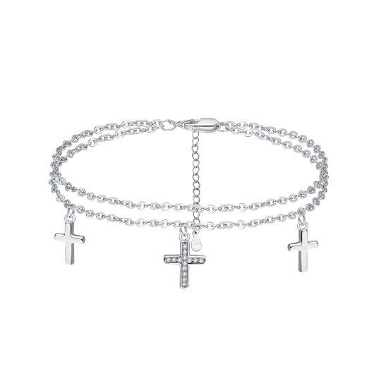 Sterling Silver Cubic Zirconia Cross Multi-layered Anklet