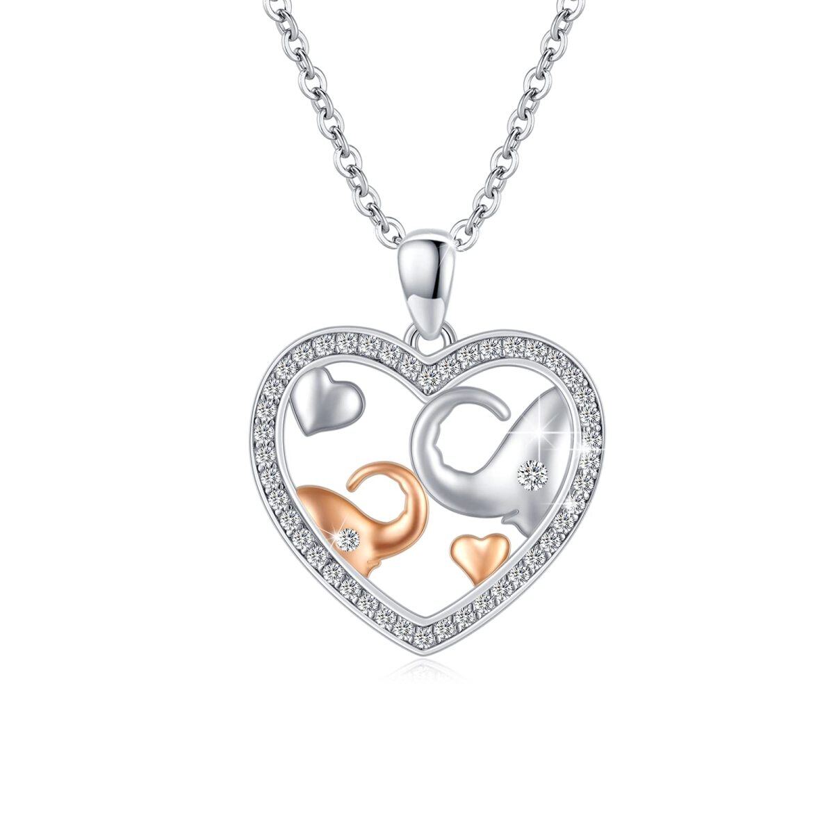 Sterling Silver Two-tone Cubic Zirconia Elephant Lovers & Heart Pendant Necklace-1