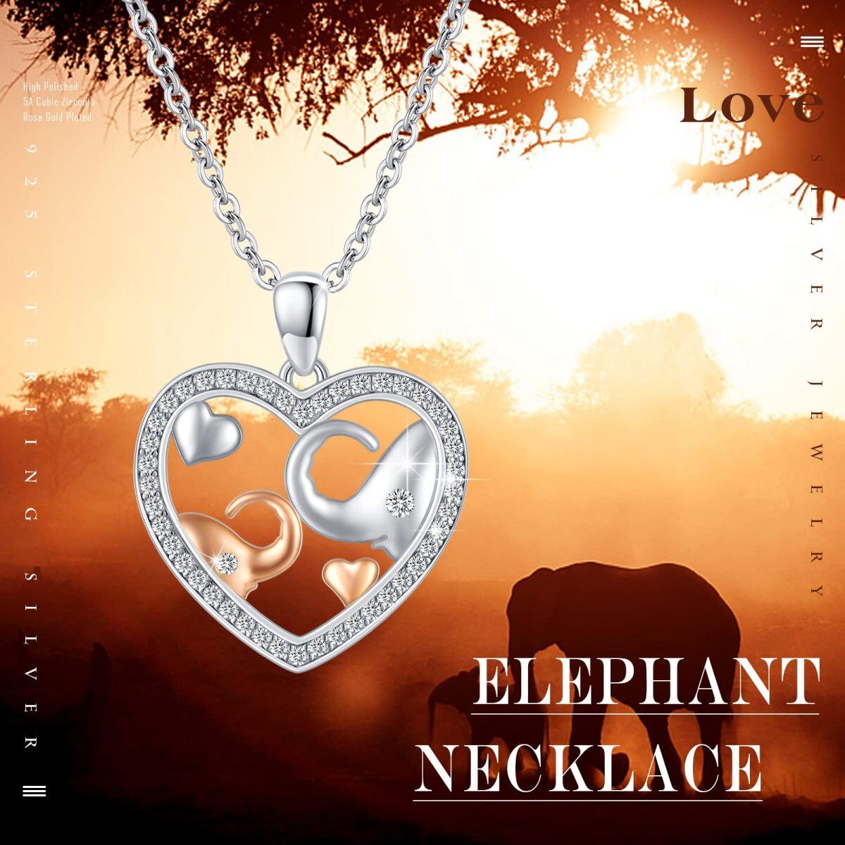 Collar de plata de ley de dos tonos de circonita cúbica elefante amantes y colgante de corazón-6