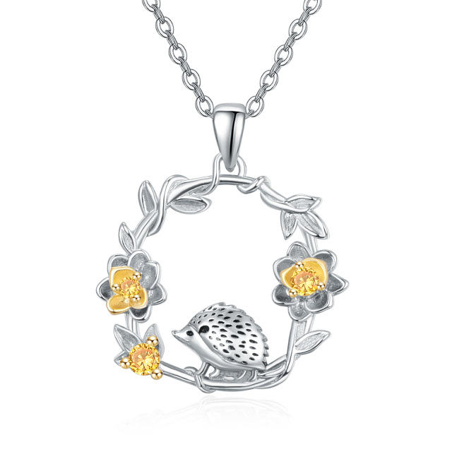 Sterling Silver Hedgehog with Flower Pendant Necklace-0