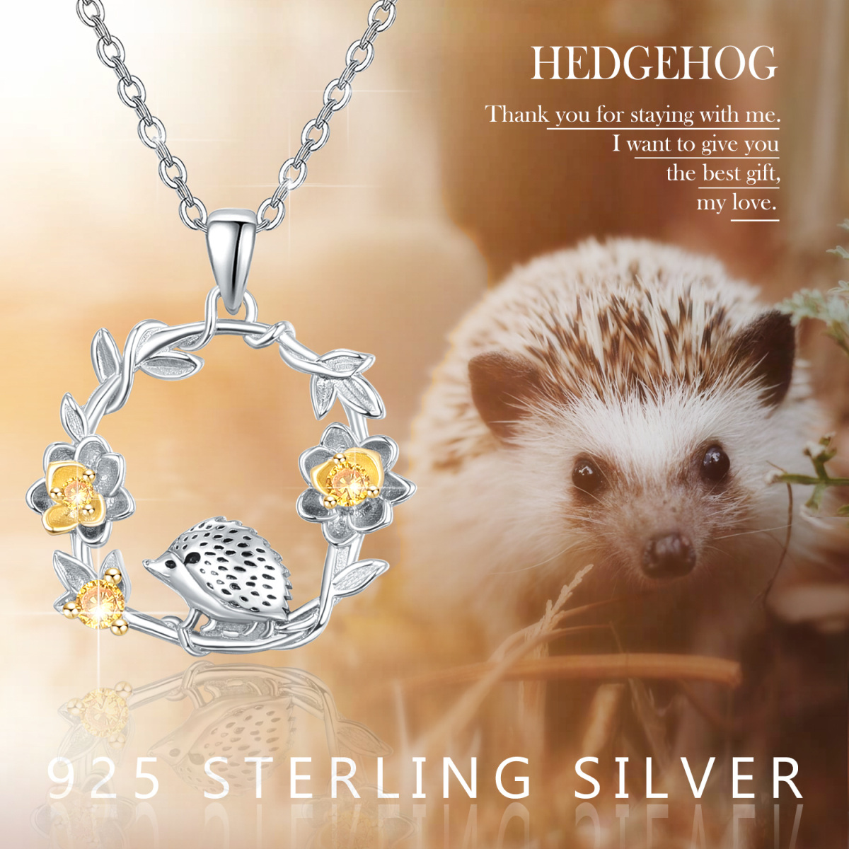Sterling Silver Hedgehog with Flower Pendant Necklace-6