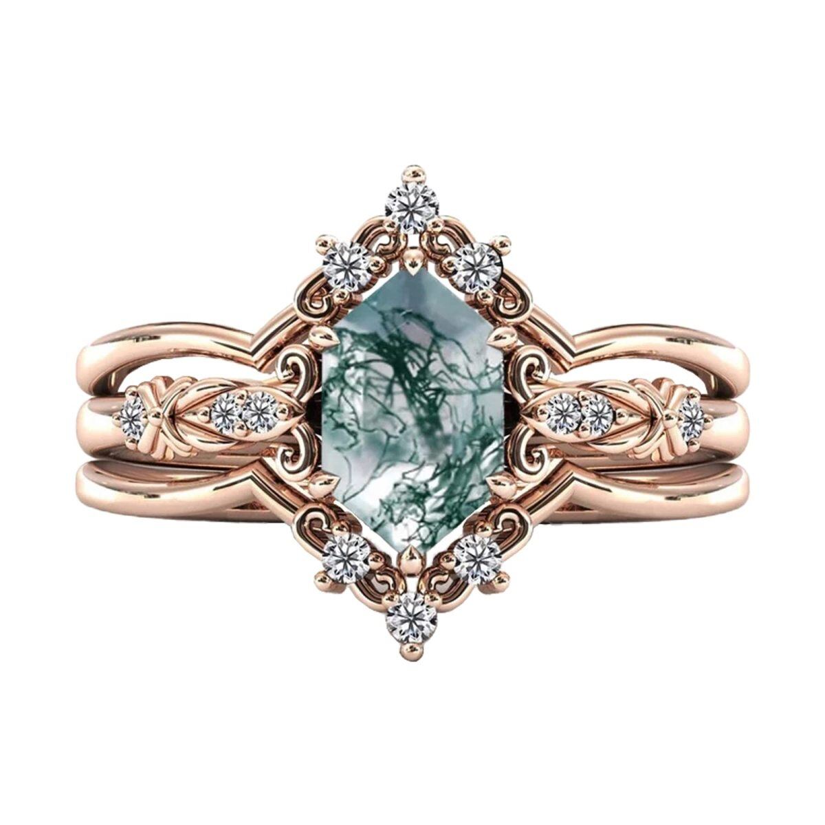Sterling Silver with Rose Gold Plated Moss Agate Airplane & Oval Shaped Engagement Ring-1