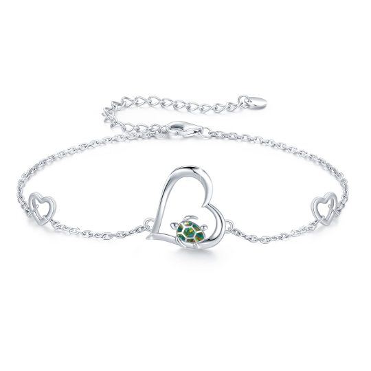 Bracelet tortue en argent sterling avec cœur et opale verte comme cadeau d'anniversaire pour femmes et filles