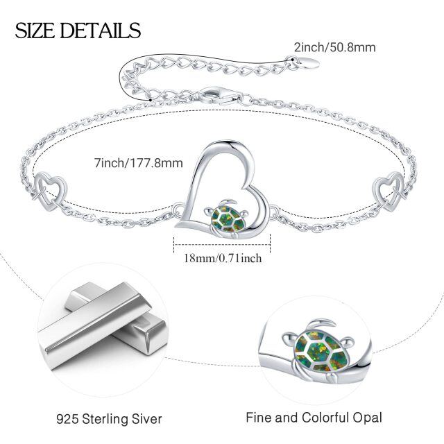 Sterling Silver Heart Opal Sea Turtle & Tortoise Pendant Bracelet-3
